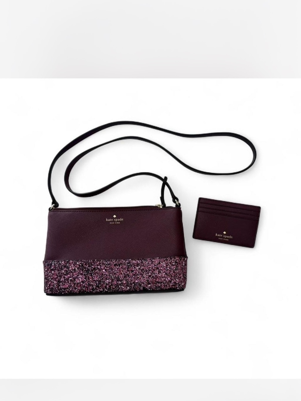 Kate Spade Flash Glitter Cherrywood Crossbody Bag W/ Matching Cardholder EUC